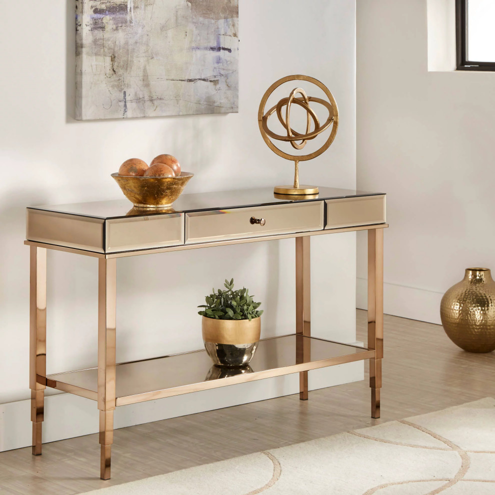 Contemporary Console Table  Mirrored Design With Storage Drawer  Champagne Gold   Contemporary   Console Tables   by Decor Love  Houzz