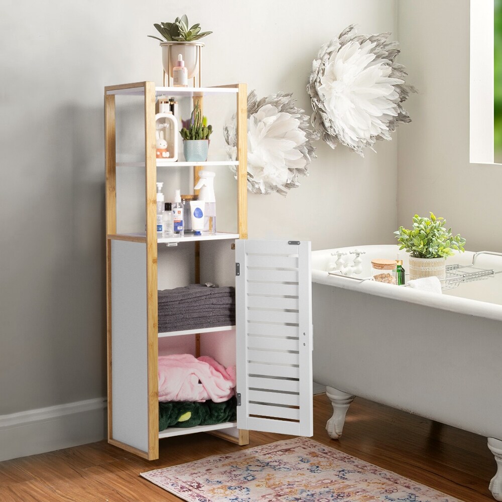 Multifunctional Bathroom Floor Cabinet with Open Storage Shelves