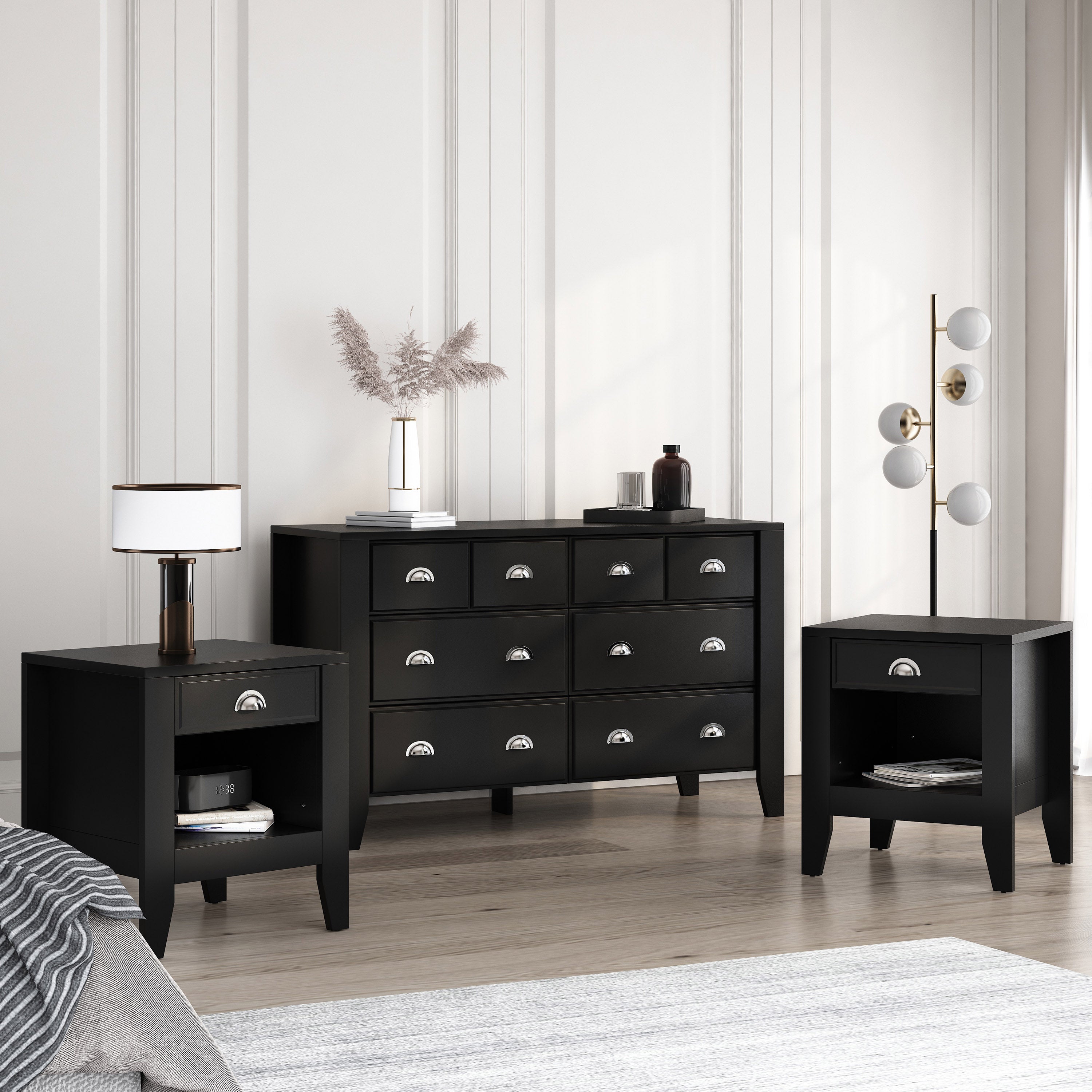 Cleary Contemporary Faux Wood 3 Piece Double Dresser and Nightstand Bedroom Set