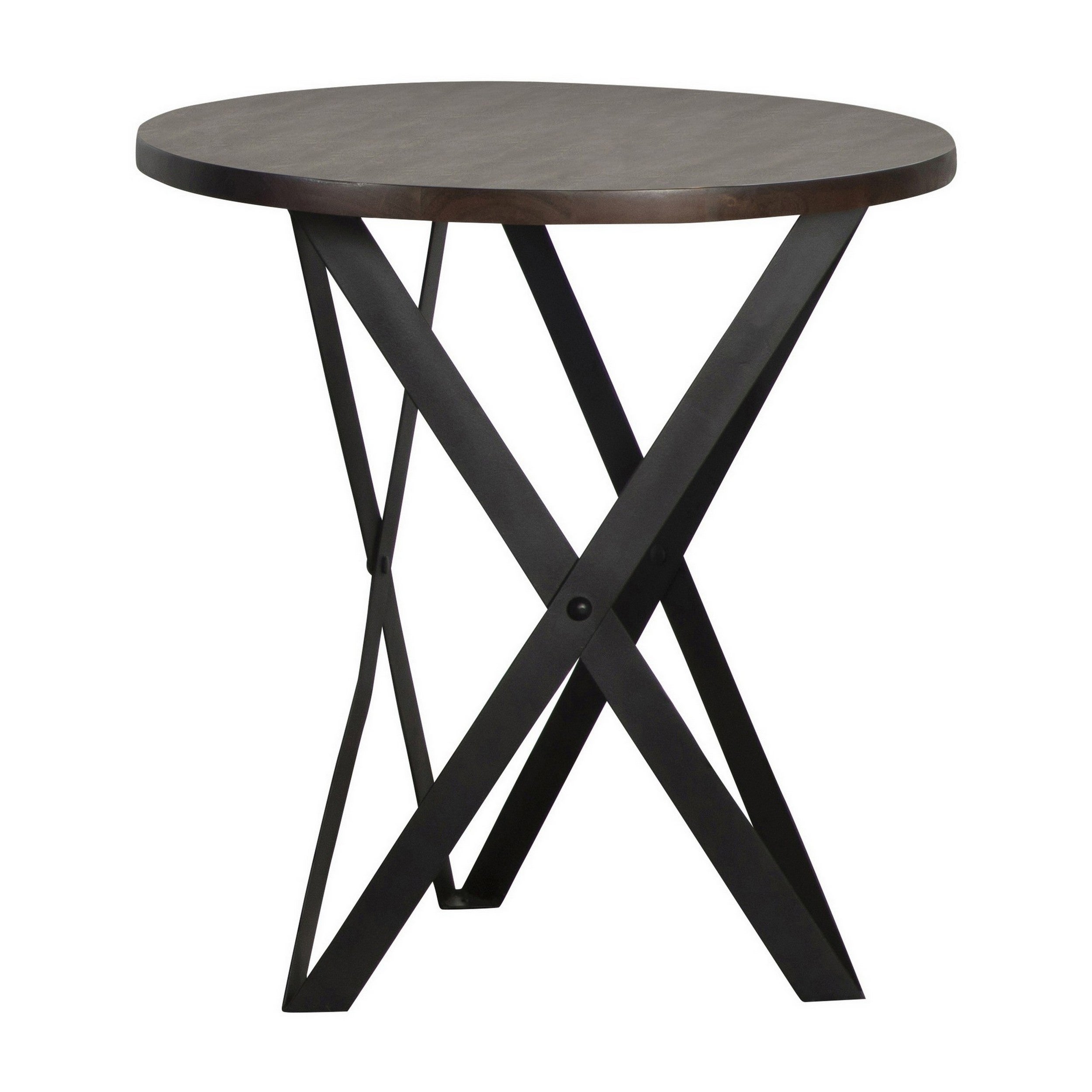 24 Inch Side End Table， Round Acacia Wood Top， Crossed Metal Legs， Gray