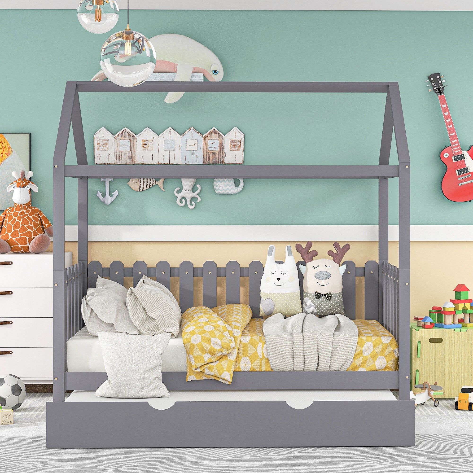 OVERDRIVE Twin Size House Bed Toddler for Kids Wood Frame with Trundle, Fence-Shaped Guardrail, Gray