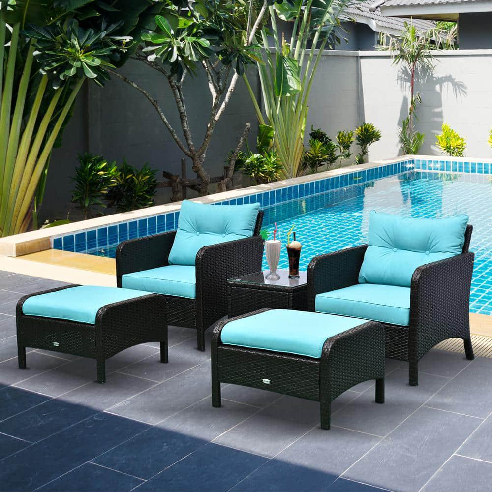 Outsunny 5Piece Metal Frame Plastic Rattan Patio Conversation Set with Blue Cushions 2 Chairs 2 Ottomans and Table