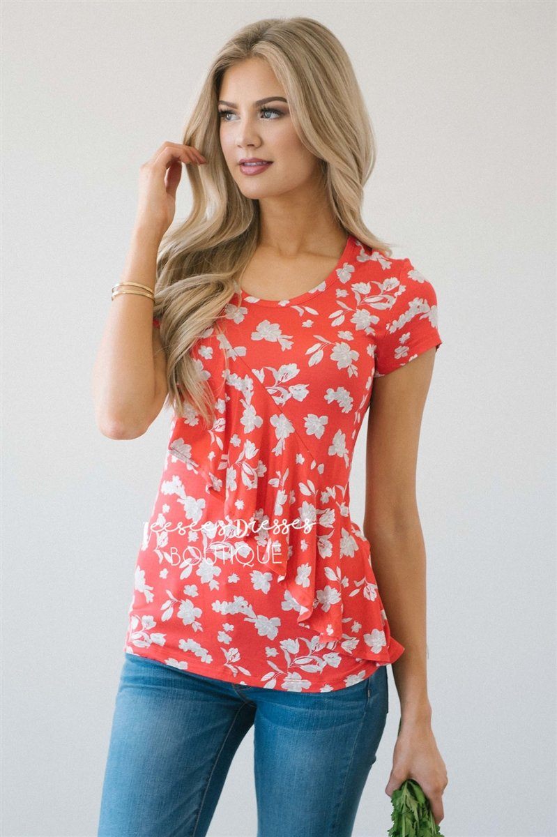 Asymmetric Ruffle Front Floral Top