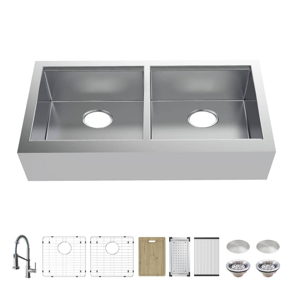 Glacier Bay Professional 36 in Farmhouse ApronFront 16G Double Bowl Workstation Stainless Steel Kitchen Sink with Spring Neck Faucet FSU1ZAS3621A0SA