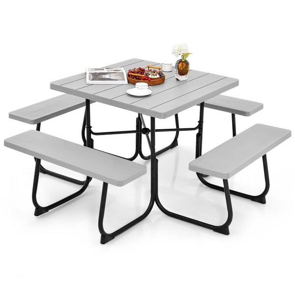 Outdoor Picnic Table with 4 Benches and Umbrella Hole