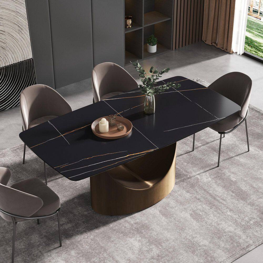 JE Home 70.86 in. Black Rectangle Sintered Stone Tabletop Dining Table with Gold Carbon Steel (Seats 6) JE-DTT18ABDTL5G