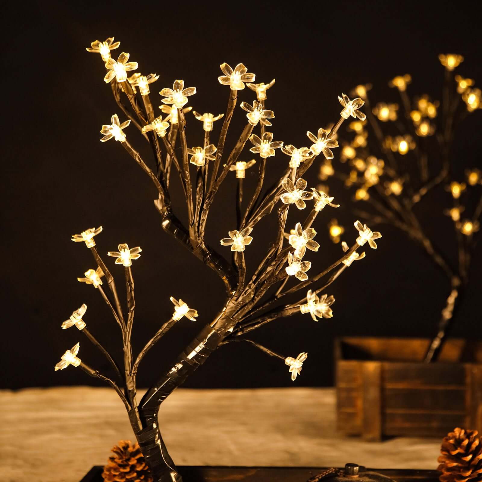 2 Pack Black Cherry Blossom Tree Centerpieces, Battery Operated Lights 36 Warm White LEDs