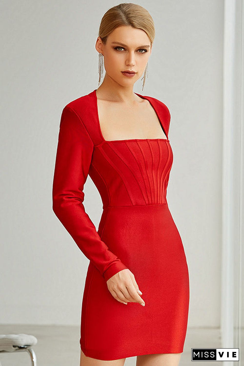 Mini Long Sleeve Red Party Bandage Dress