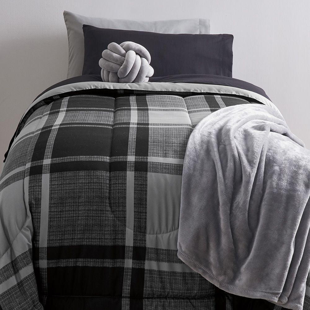 Dawn 7-Piece Twin Essentials in Wonderland Gray | Reversible Twin/Twin XL Comforter with Two Sheet Sets | Oversized Plaid in Black and Gray， Solid Gray and Solid Black Sheets