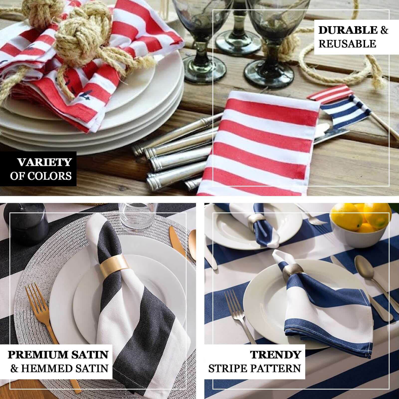 5 Pack Black and White Striped Satin Cloth Dinner Napkins 20