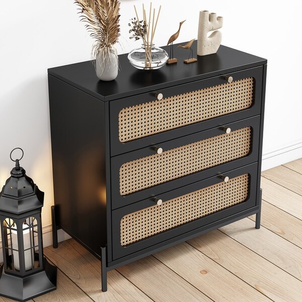 Rattan Wood Storage Cabinet 3-Drawer Chest for Bedroom - - 37989635