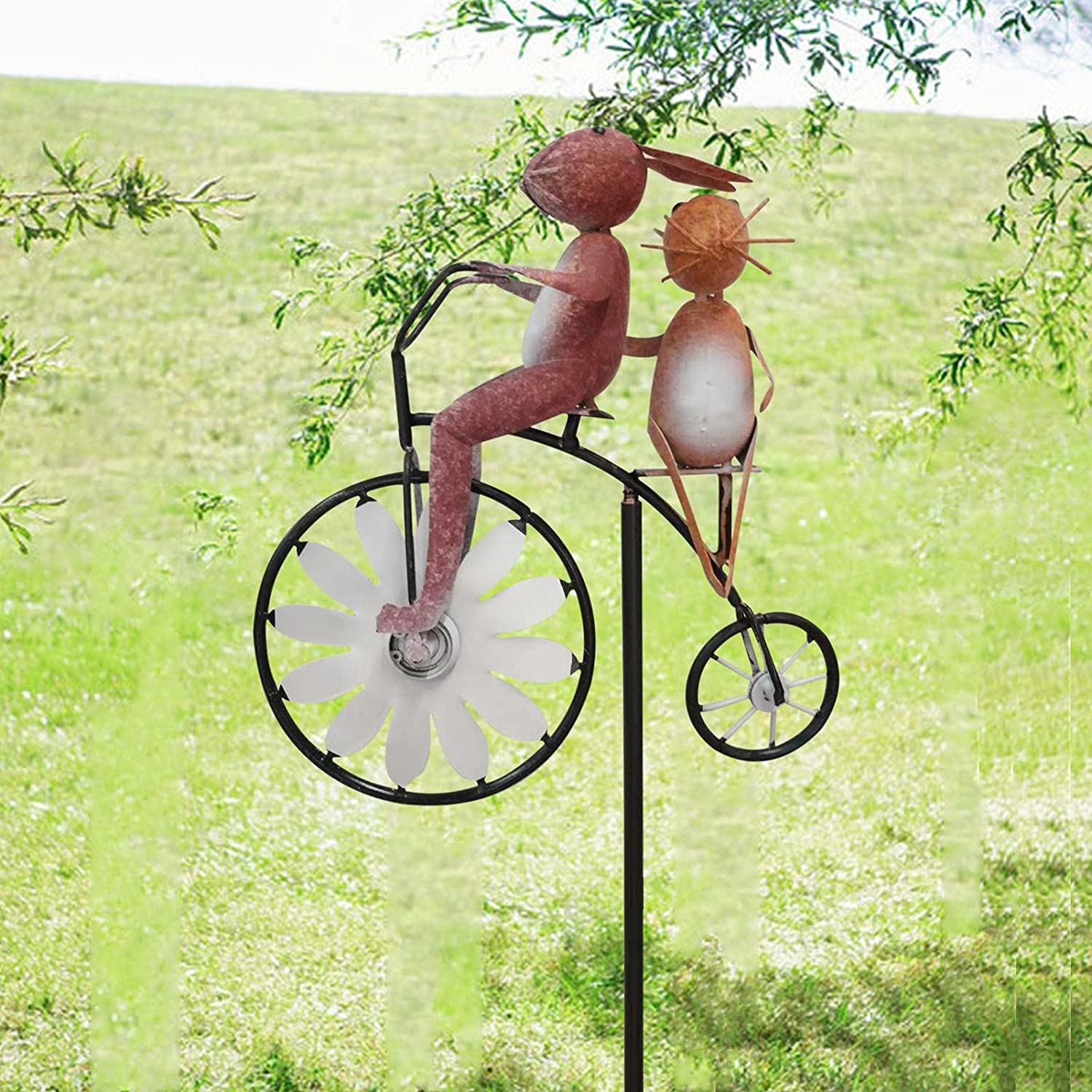 Originalsourcing Rabbit Garden Statues, 30'' Metal Rabbit Couple on a Vintage Bicycle Wind Spinner Yard Art,Garden Stakes Weathervanes Sculptures, Rabbit Lovers Garden Sculpture Christmas Decor