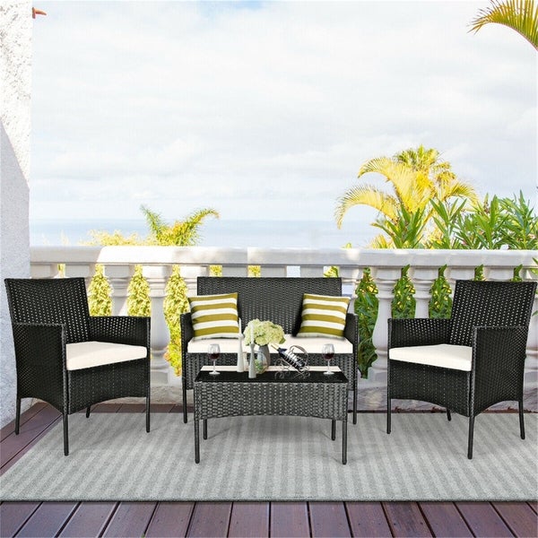 4 Pieces Patio Rattan Cushioned Sofa Set with Tempered Glass Table - Overstock - 37909387