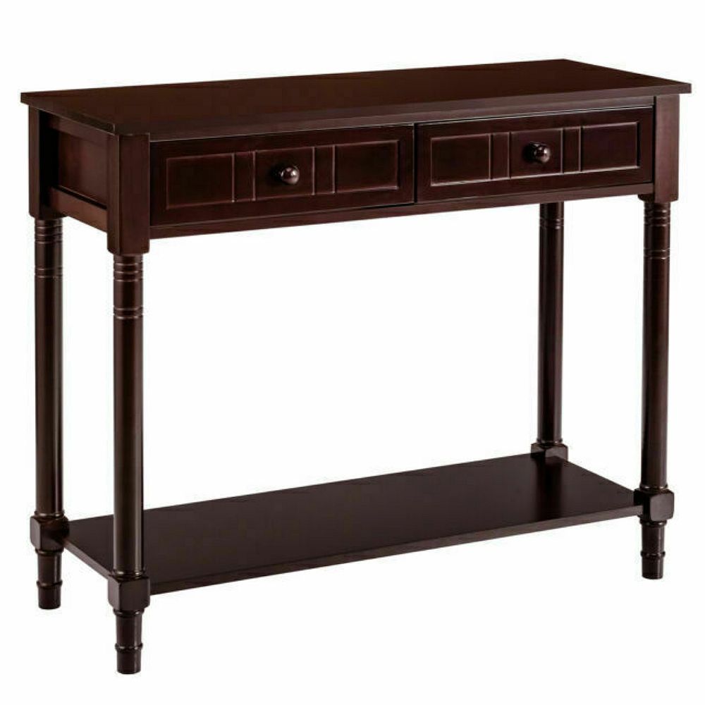 Console Accent Sofa Table with Drawers and Bottom Shelf-Brown