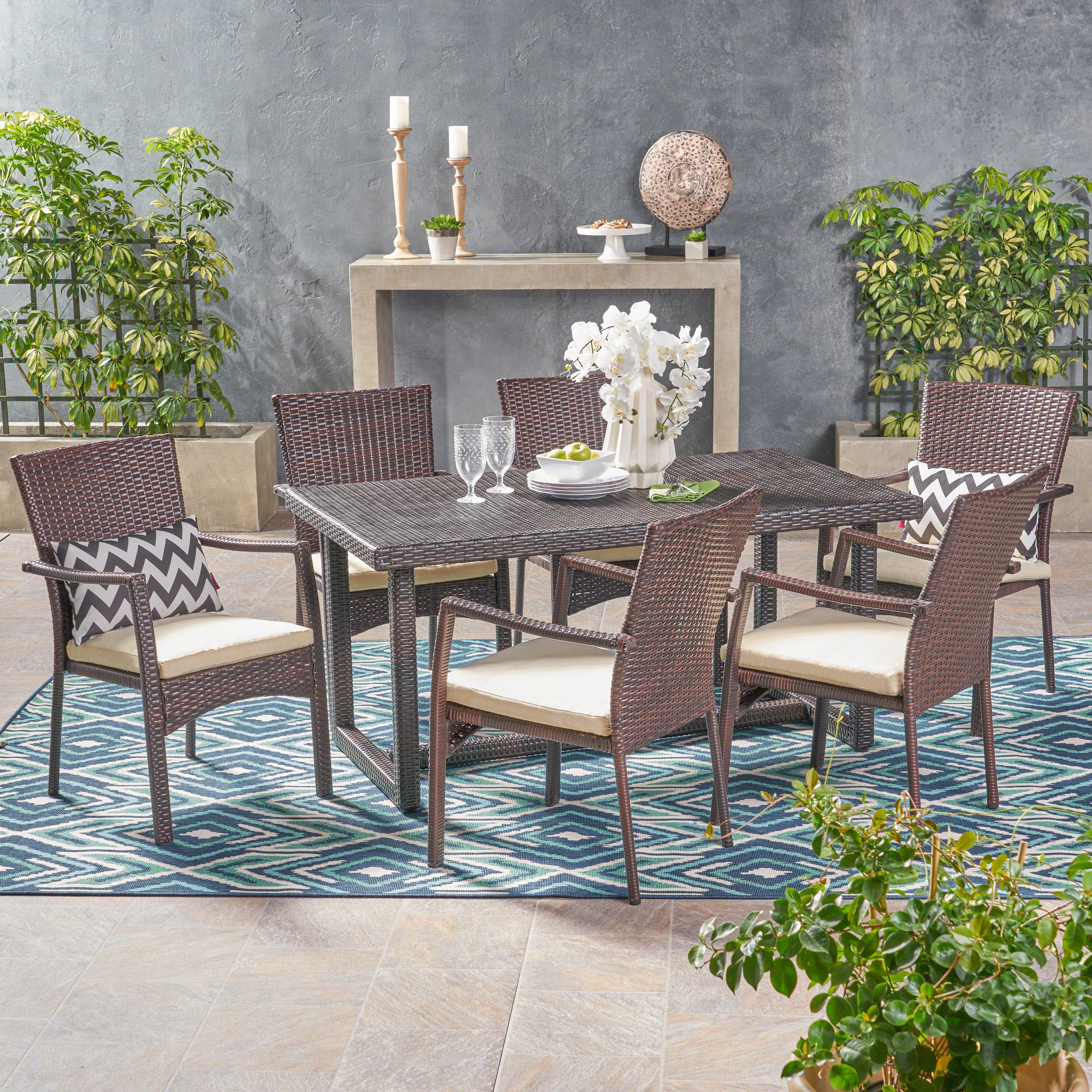 Able Outdoor Transitional 7-Piece Multi-Brown Wicker Dining Set with Cushions