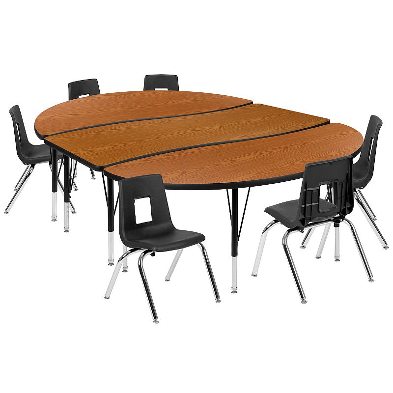 Emma and Oliver 86 Oval Wave Activity Table Set with 14 Student Stack Chairs， Oak/Black