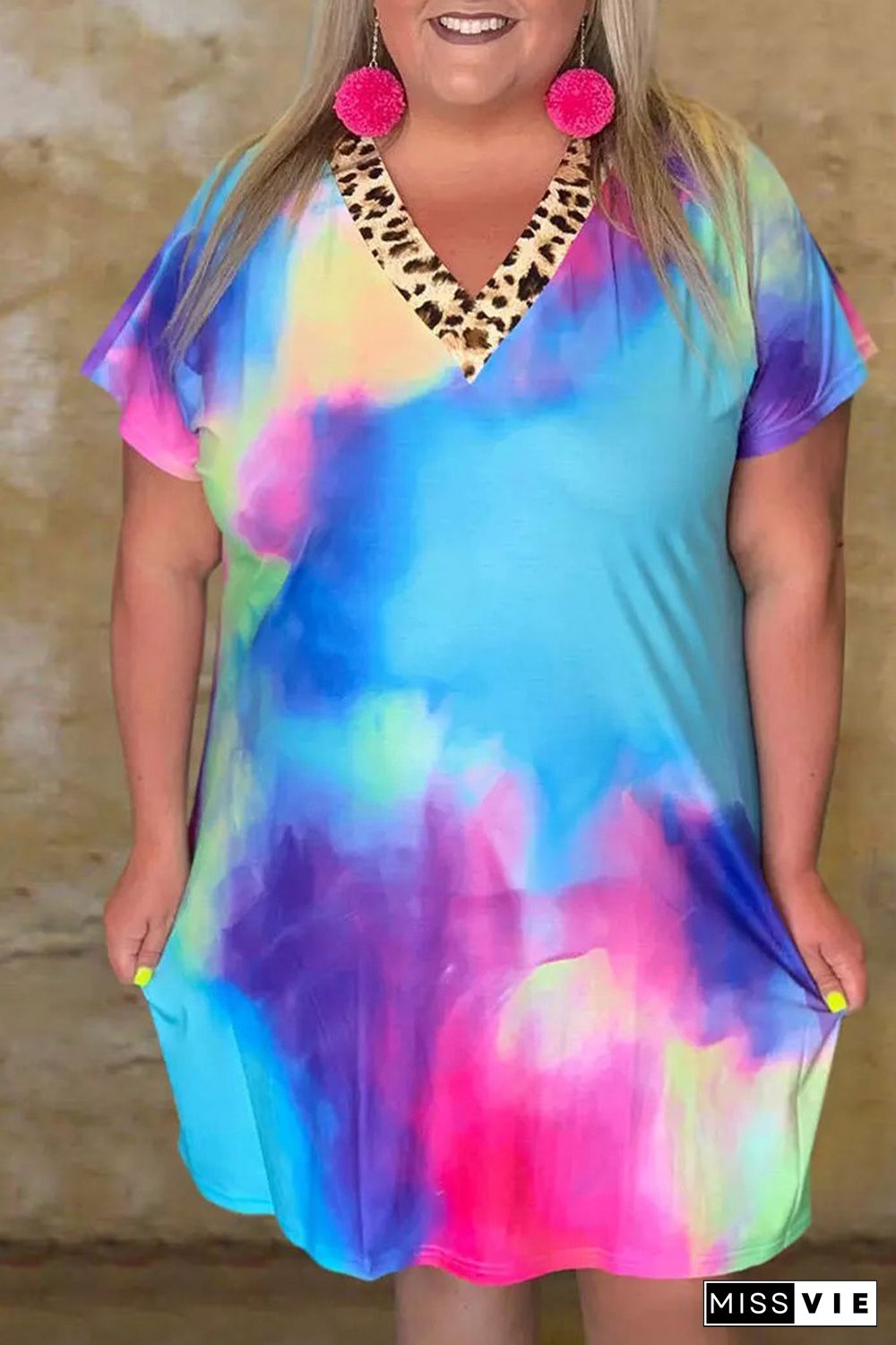 Plus Size Tie Dye Leopard Splicing V-Neck Mini Dress