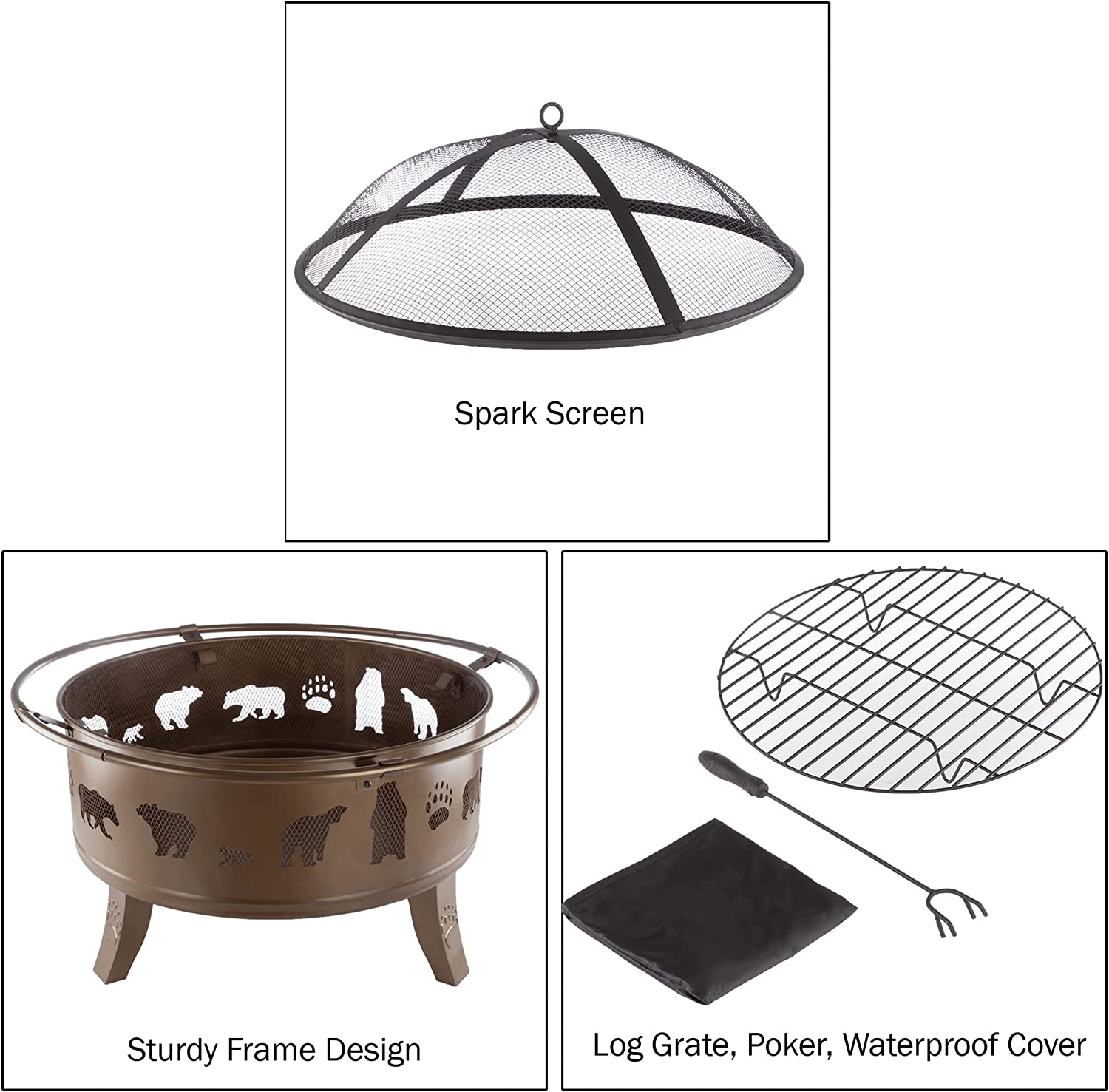 Nature Spring 50-LG1202 32” Outdoor Deep Fire Pit-Round Large Steel Bowl with Bear Cutouts， Mesh Spark Screen， Log Poker and Storage Cover-Patio Wood Burning， Antique Gold