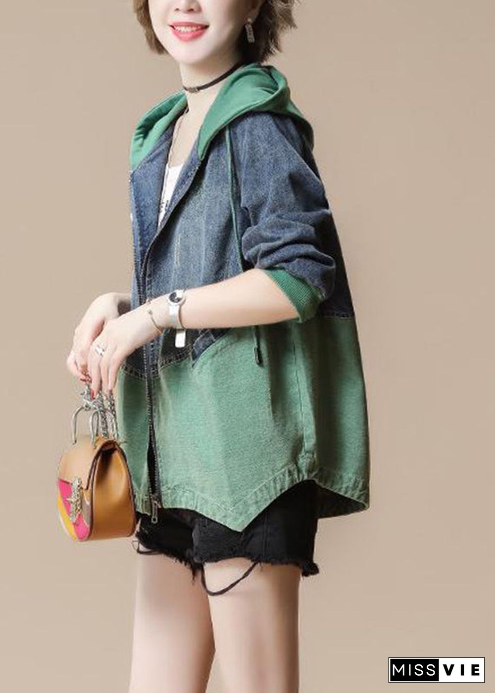 Green Drawstring Pockets Hoodie Denim Coat Long Sleeve