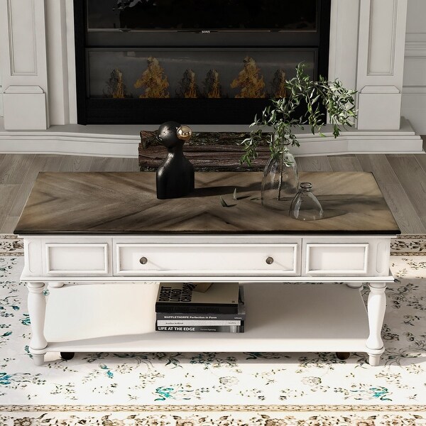 Classic wooden cocktail coffee table with removable vintage center drawers and open shelves