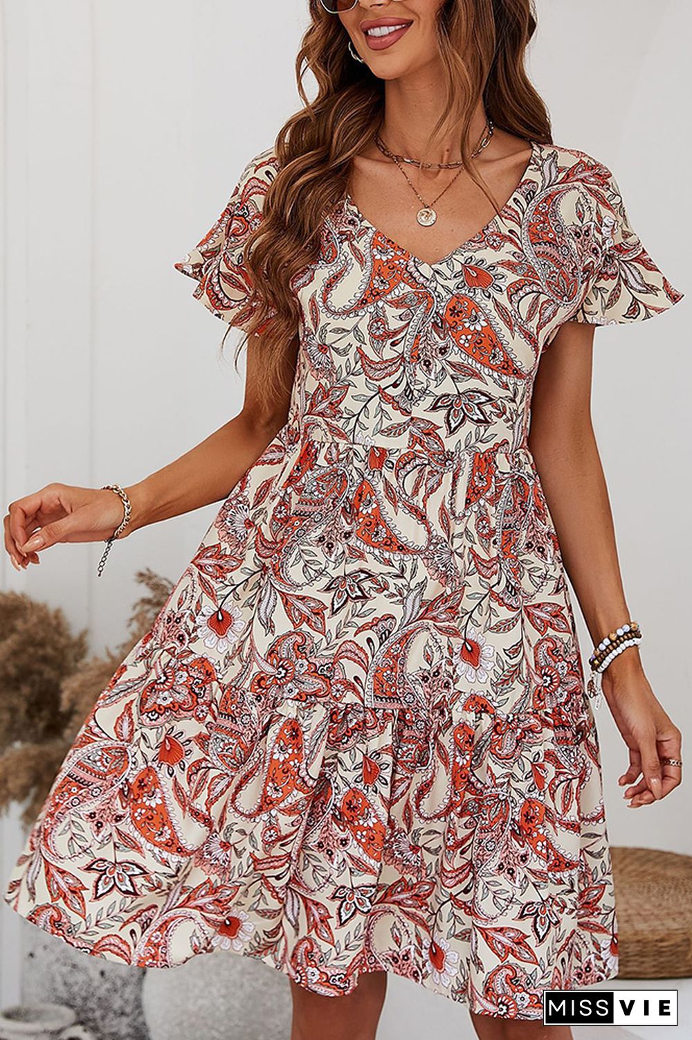 V Neck Paisley Floral Print Swing Dress