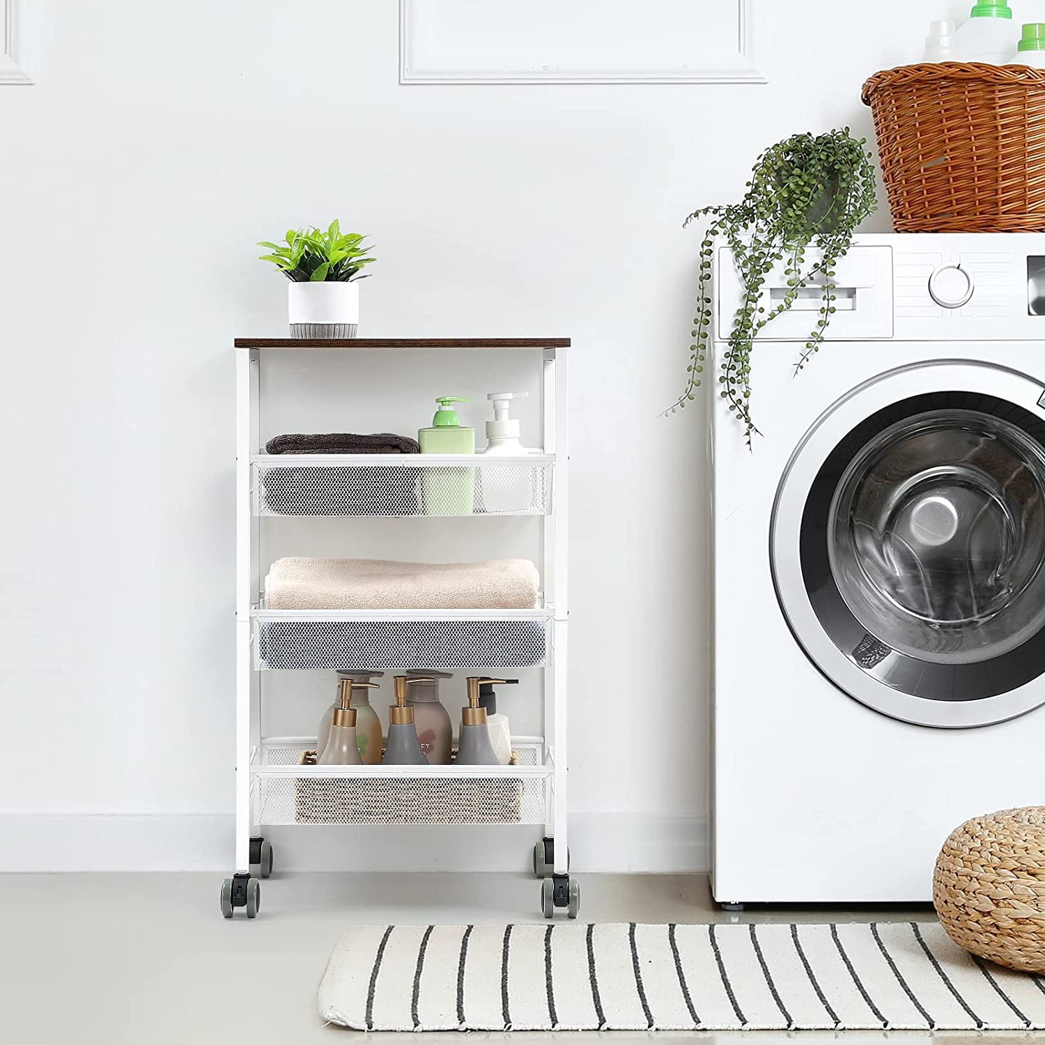 3 Tier Kitchen Storage Rack Cart with Lockable Wheels and Wood Top， White