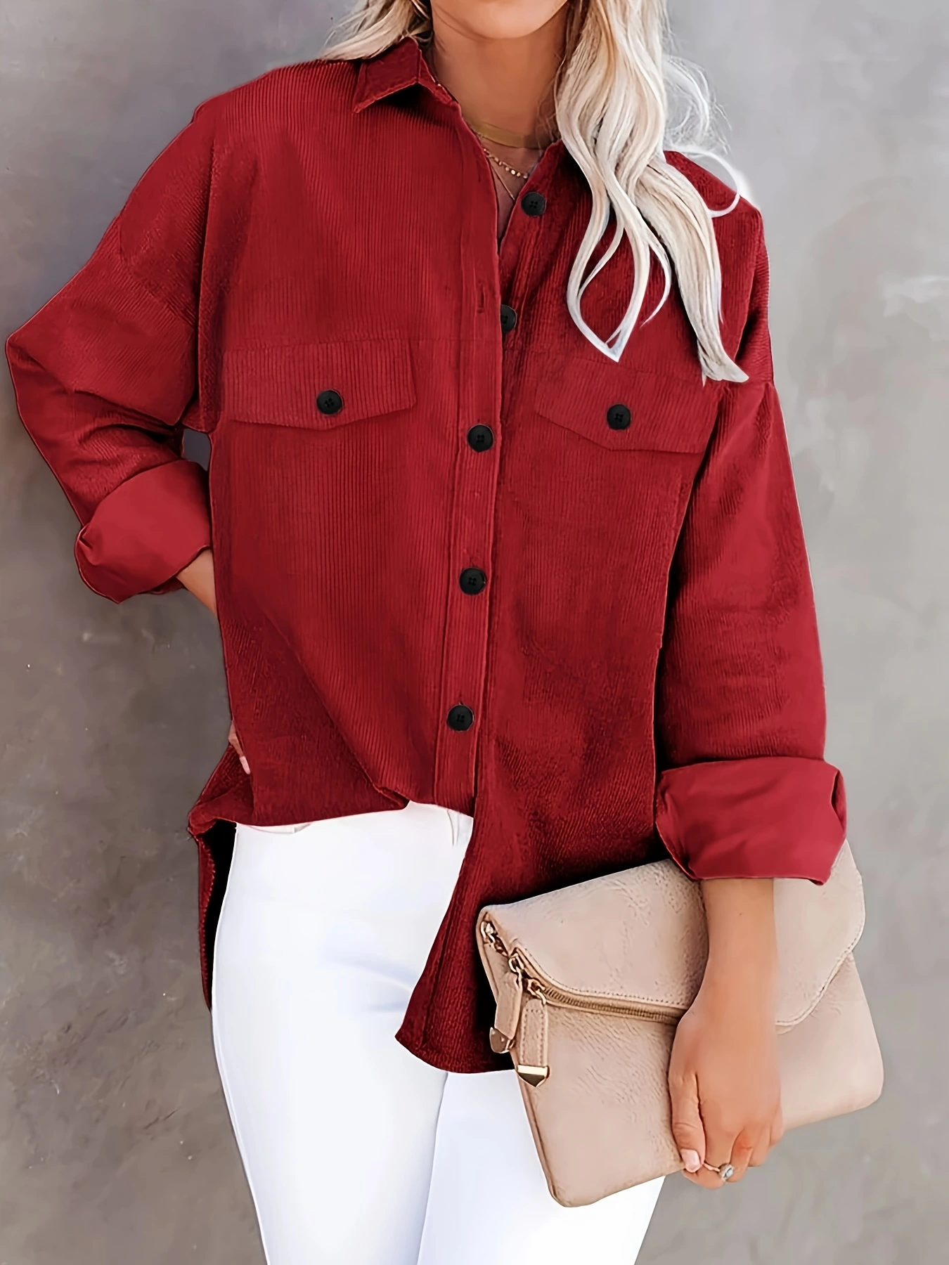 Elegant Plus Size Solid Color Long Sleeve Shirt for Women, Button Front Fall & Winter Essential