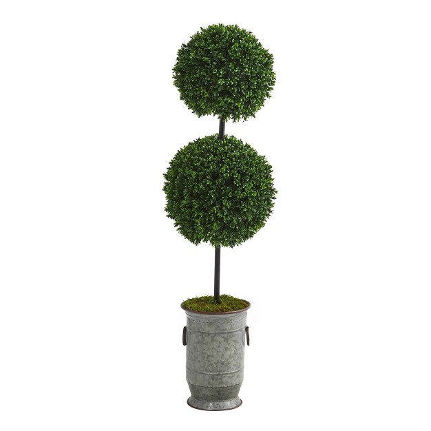 Indoor/outdoor Boxwood Double Ball Artificial Topiary Tree In Vintage Metal Planter - Nearly Natural