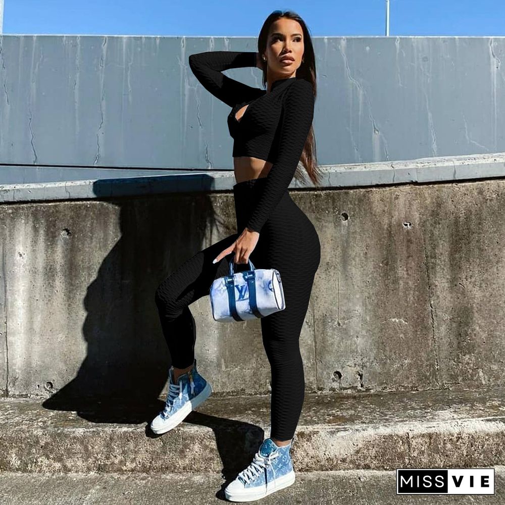 Women Tracksuit Solid Color Long Sleeve Zipper Crop Tops+Pencil Pants Summer Sport Two Piece Set