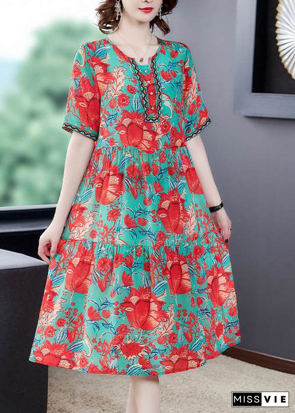 Beautiful Red O-Neck Print Silk Party Dress Summer