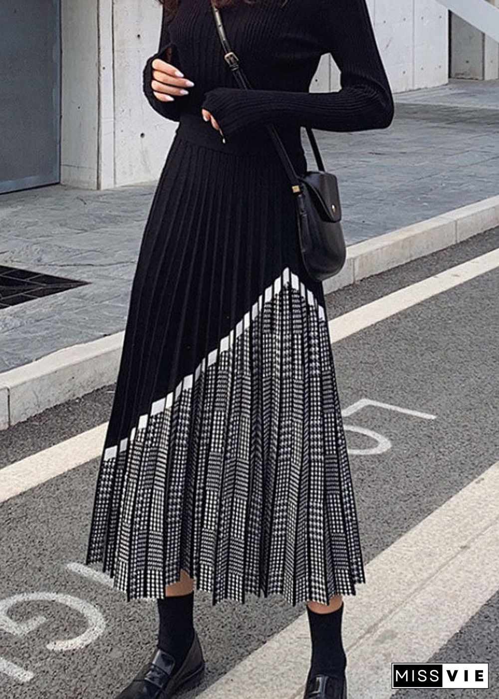 Women Black Patchwork Plaid Knit Skirts Winter