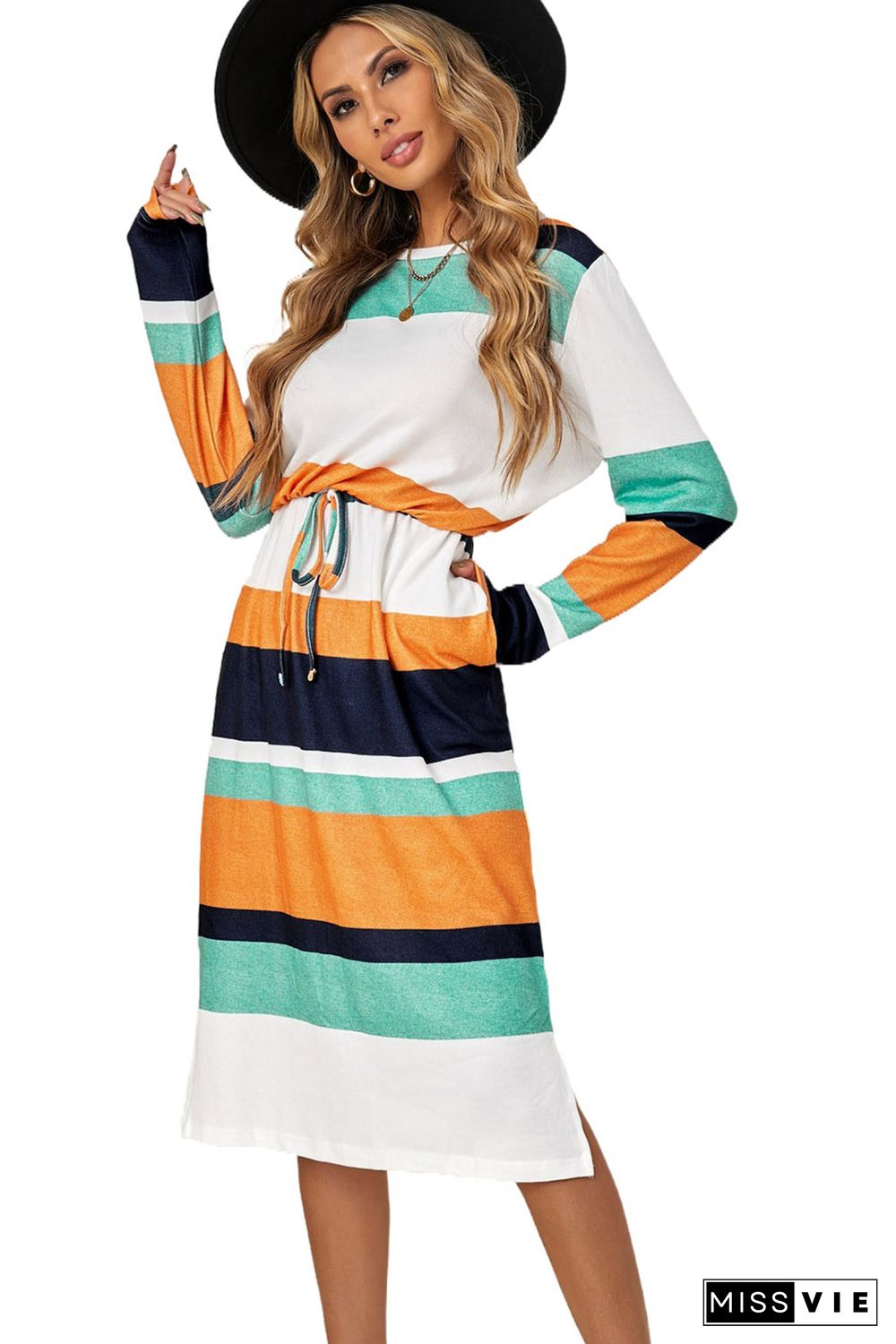 Green Multicolor Block Drawstring Waist Long Sleeve Midi Dress