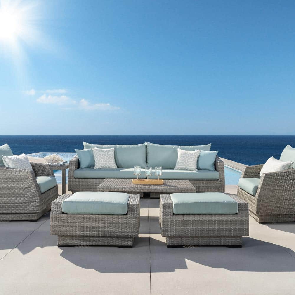 RST BRANDS Cannes 8-Piece All-Weather Wicker Patio Sofa and Club Chair Conversation Set with Spa Blue Cushions OP-PESS8-CNS-SPA-K