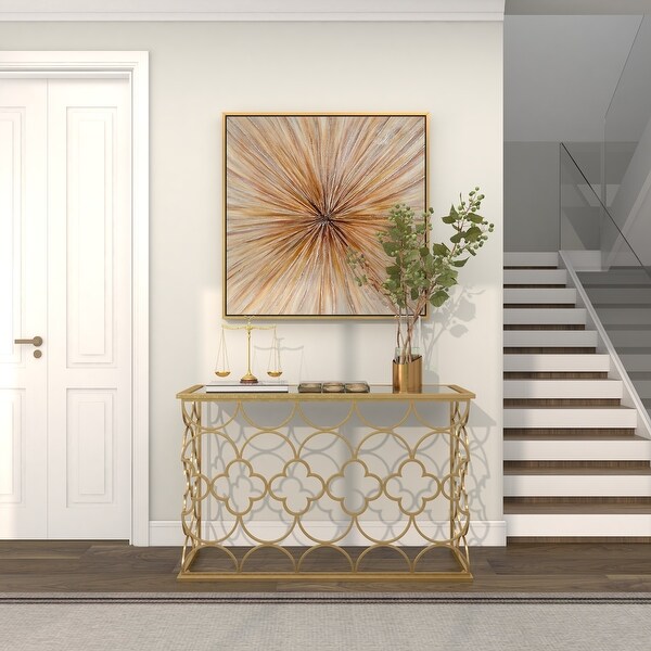 Gold Metal Quatrefoil Design Geometric with Glass Top Accent and Coffee Table Collection