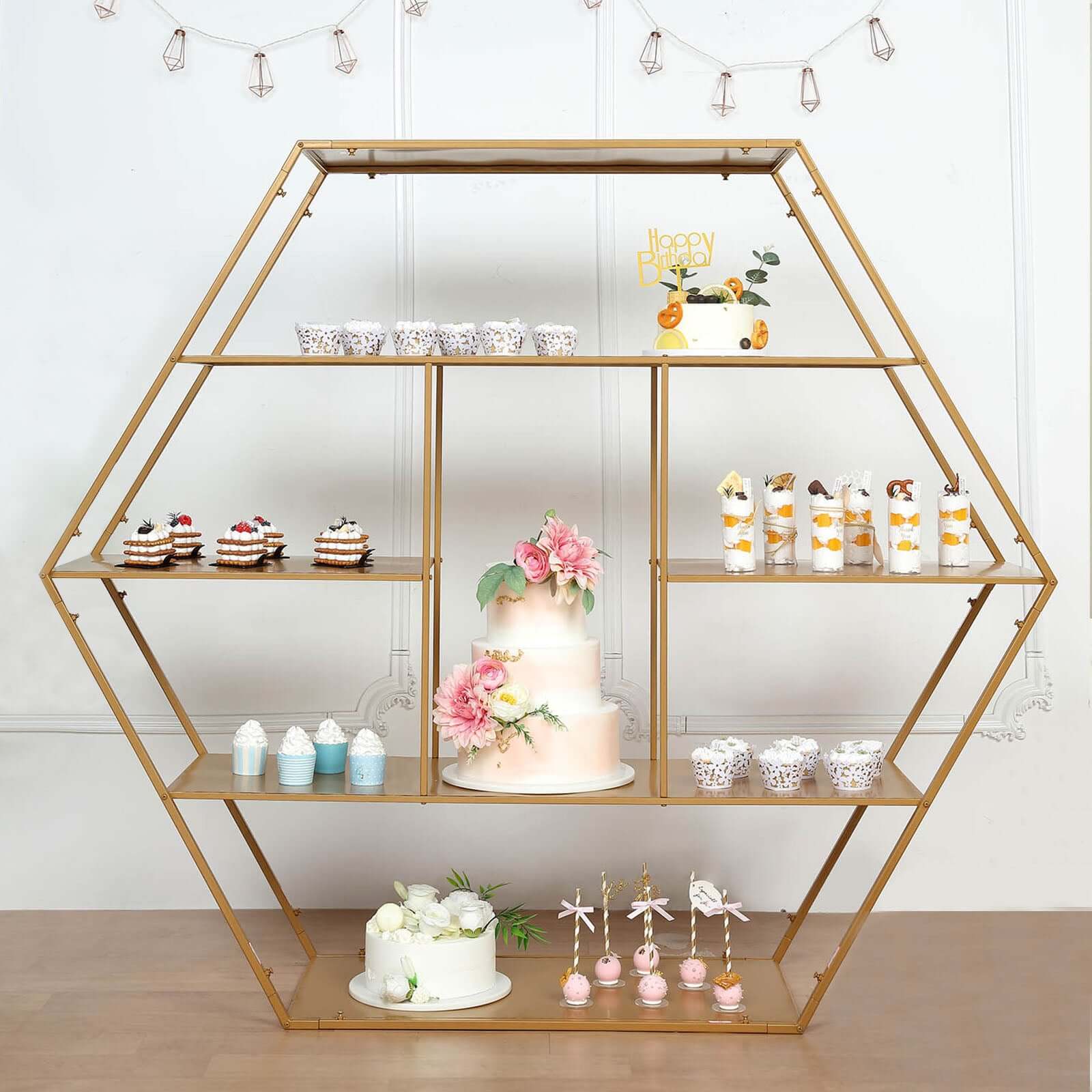 Large Gold Metal Hexagonal Cake Dessert Display Stand, Wedding Arch Backdrop, Balloons Rack, Modern Bookcase 4ft