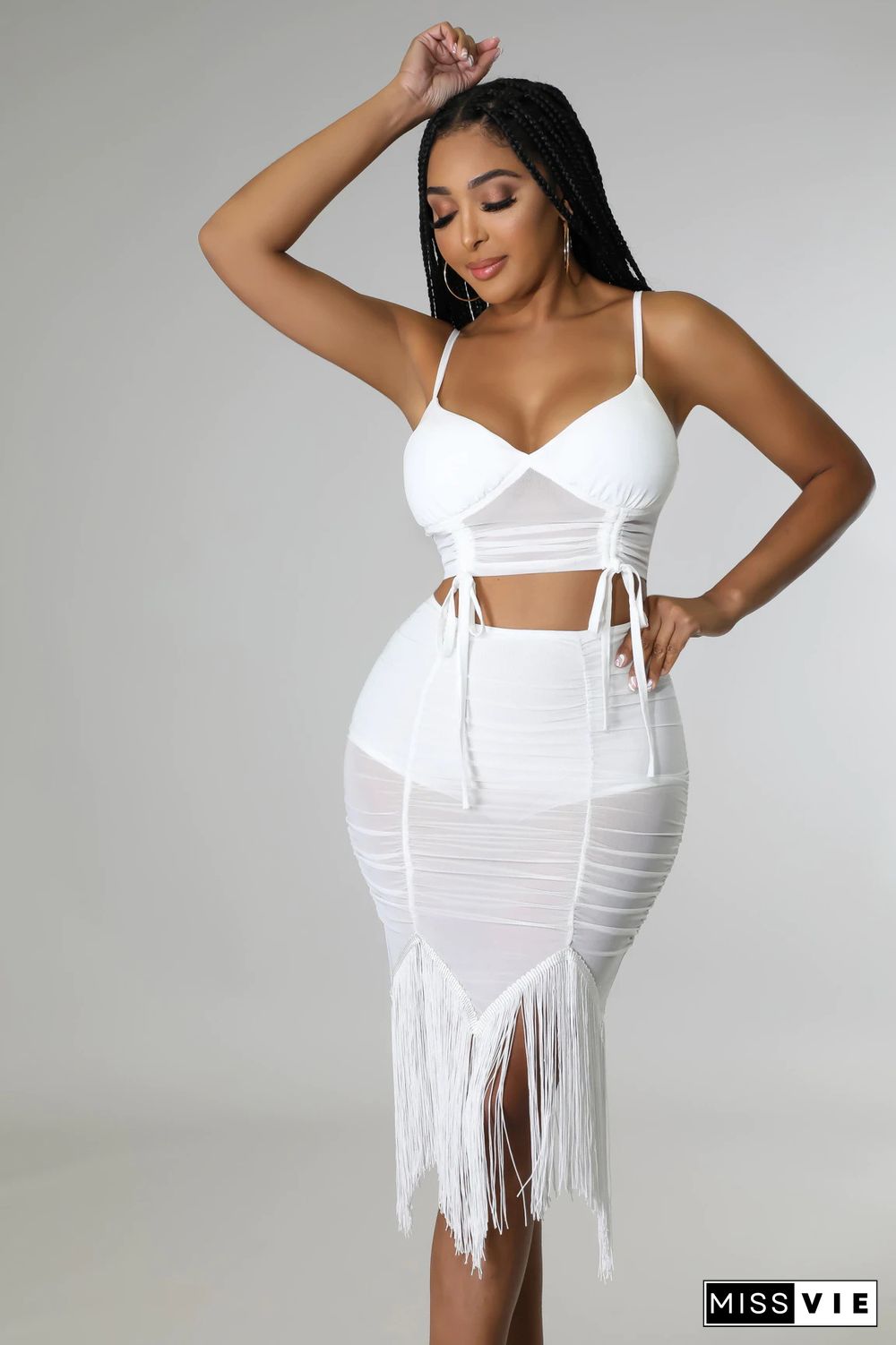 Camisole Crop Top Ruched Sheer Mesh Tassel Skirts Set