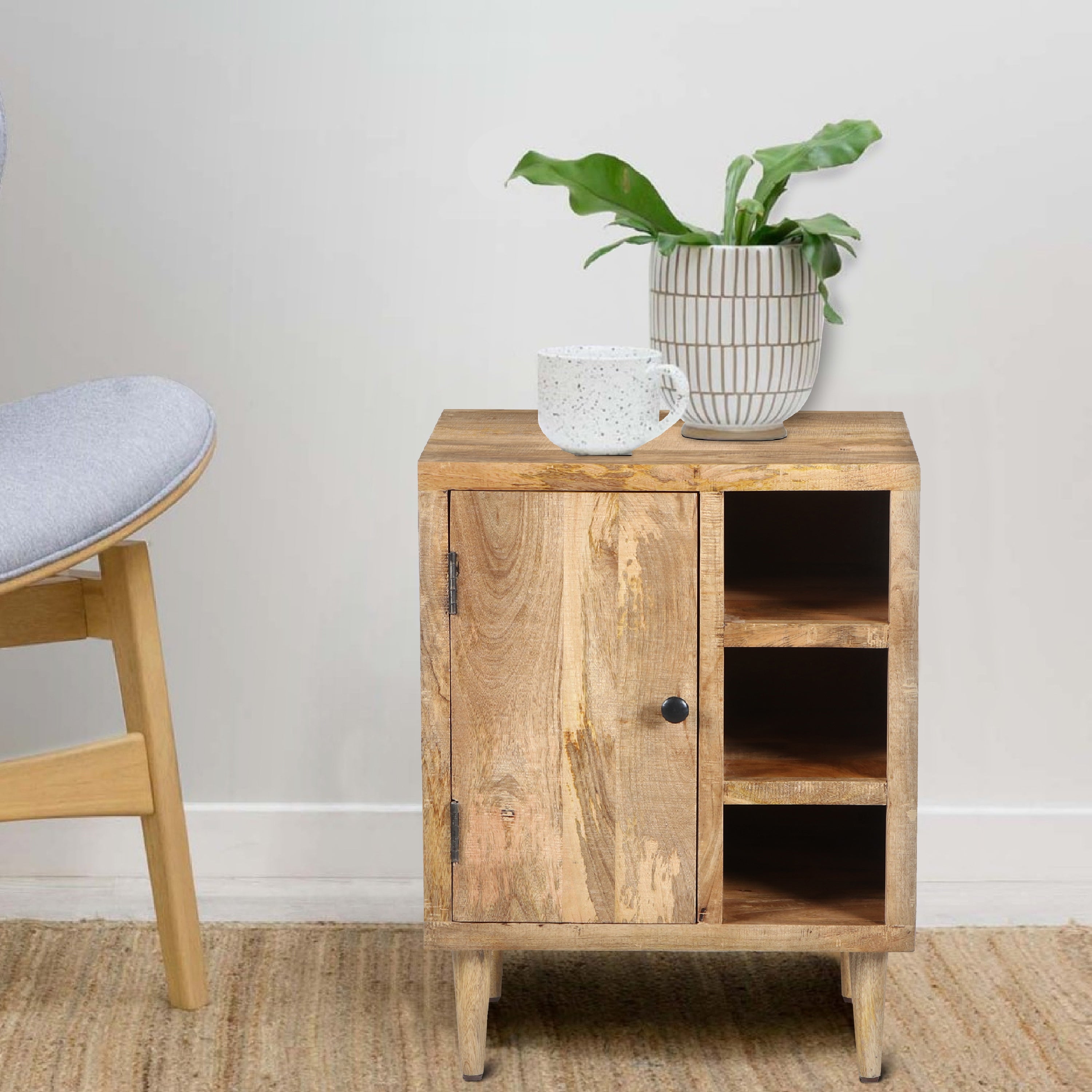 Transitional Mango Wood Side Table with Open Cubbies and Door Storage， Natural Brown