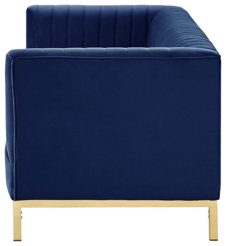 Posh Living Hayden Velvet Tuxedo Sofa with Y Metal Base in Navy Blue/Chrome   Contemporary   Sofas   by Homesquare  Houzz