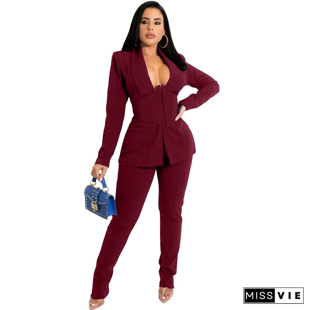 Solid Blazers with Girdle Corset and Pants Suit