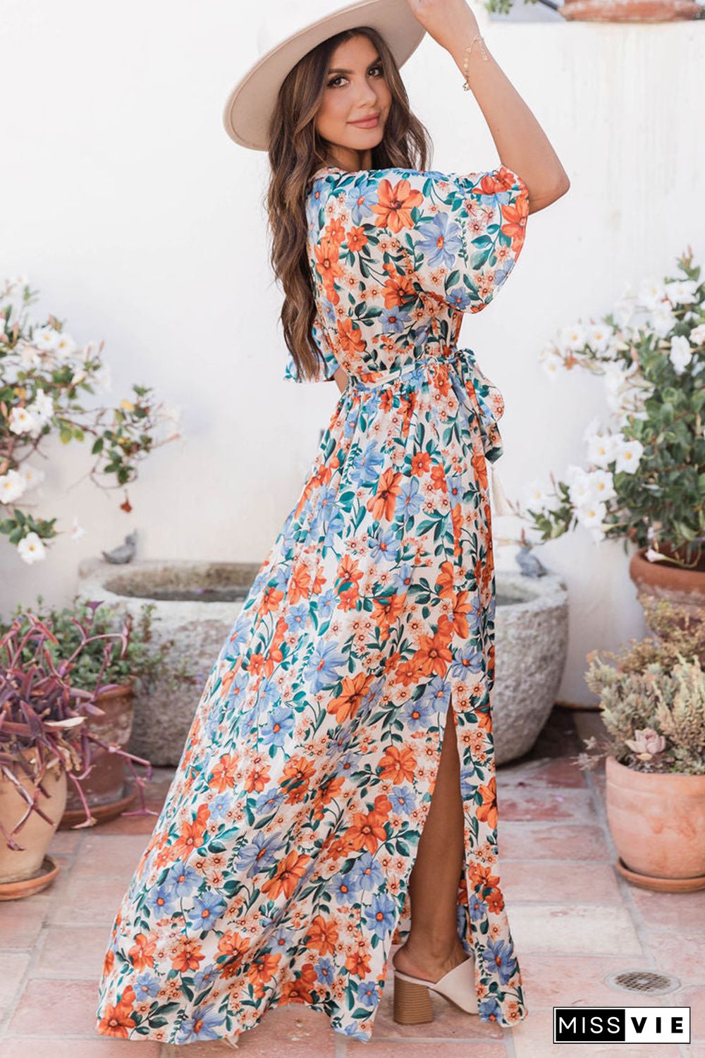 Sky Blue Floral Print Wrap Belted Maxi Dress