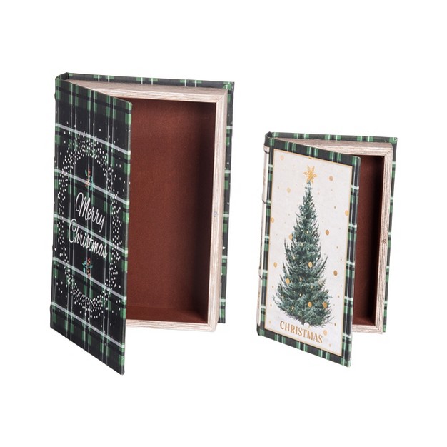 Transpac Wood 11 81 In Multicolor Christmas Tartan Nesting Book Boxes Set Of 2