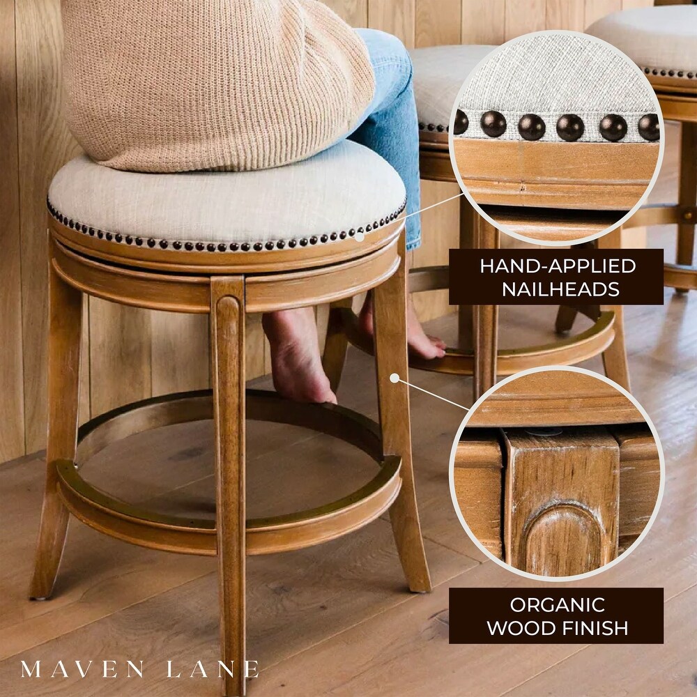 Maven Lane Alexander Backless Bar Stool in Weathered Oak Finish w/ Sand Color Fabric Upholstery