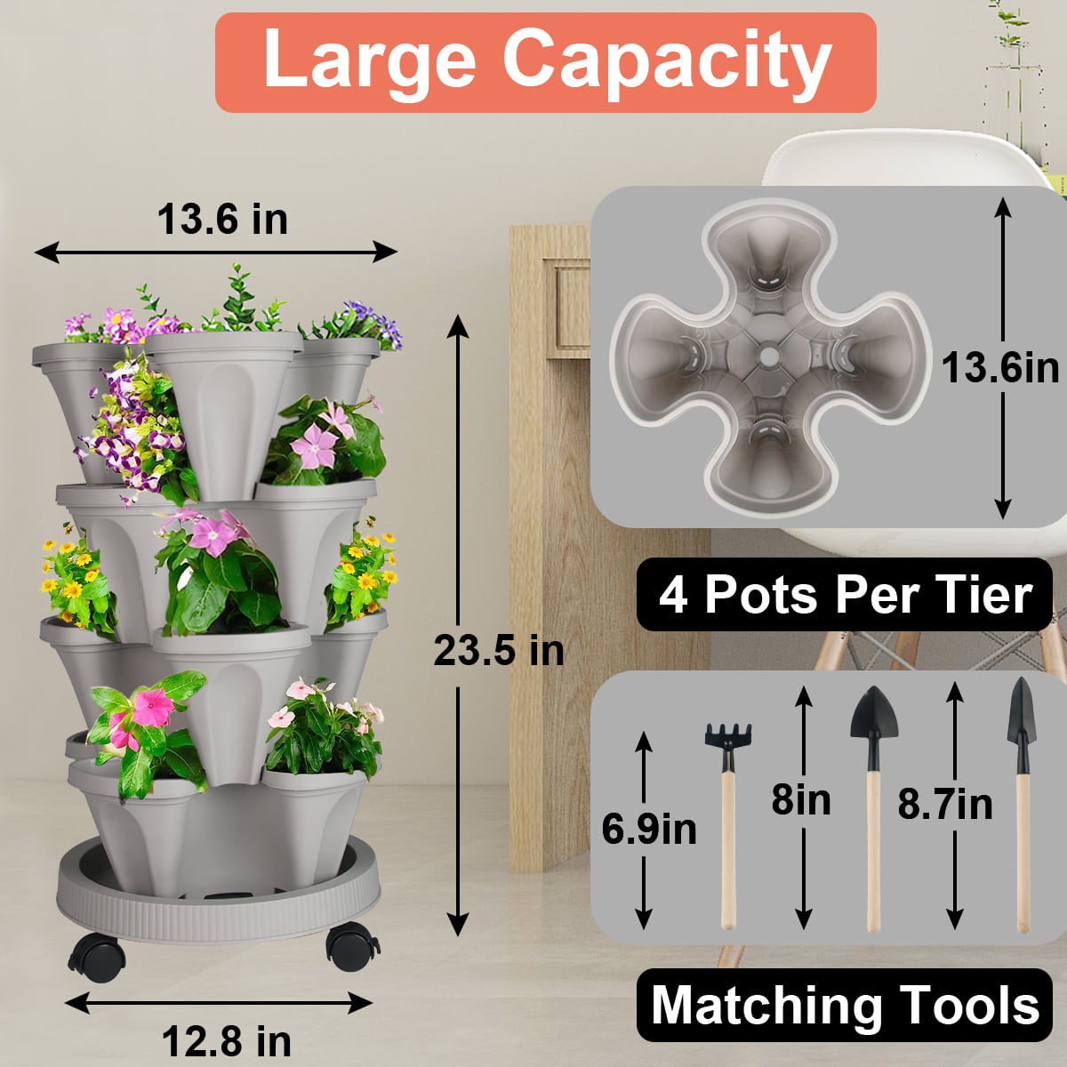 Stackable Planters 4 Tier Vertical Tower Garden Planters Strawberry, Herb, Flower, and Vegetable Planter Indoor Outdoor Gardening Pots with Removable Wheels and Tools-Gray