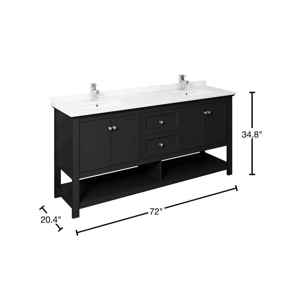 Fresca Manchester 72 in. W Bathroom Double Bowl Vanity in Black with Quartz Stone Vanity Top in White with White Basins FCB2372BL-D-CWH-U