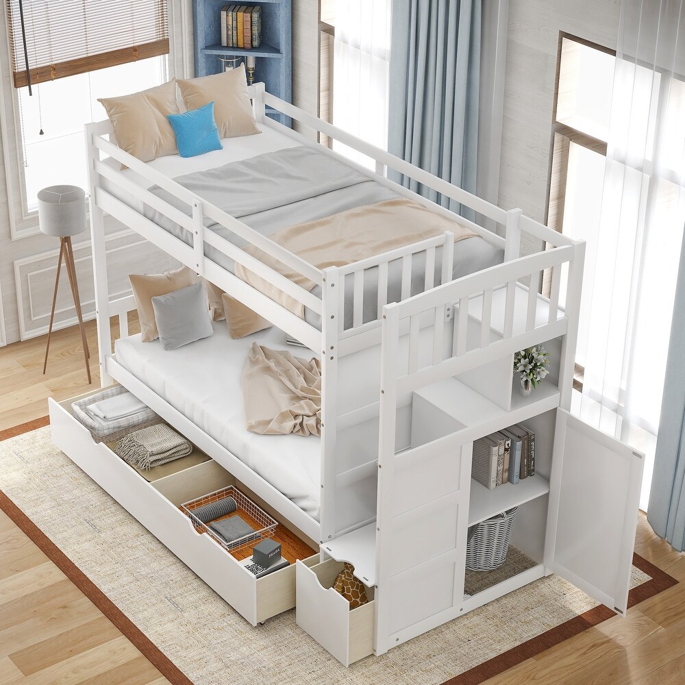 Contemporary Style Twin over Full/Twin Bunk Bed  Convertible Bottom Bed  Storage Shelves and Drawers