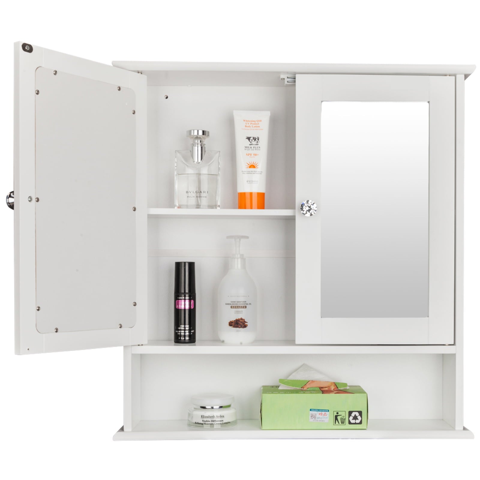 FCH Bathroom Wall Cabinet with Double Mirror Doors and Adjustable Shelf,Wooden Medicine Storage Cabinets Organizer,White