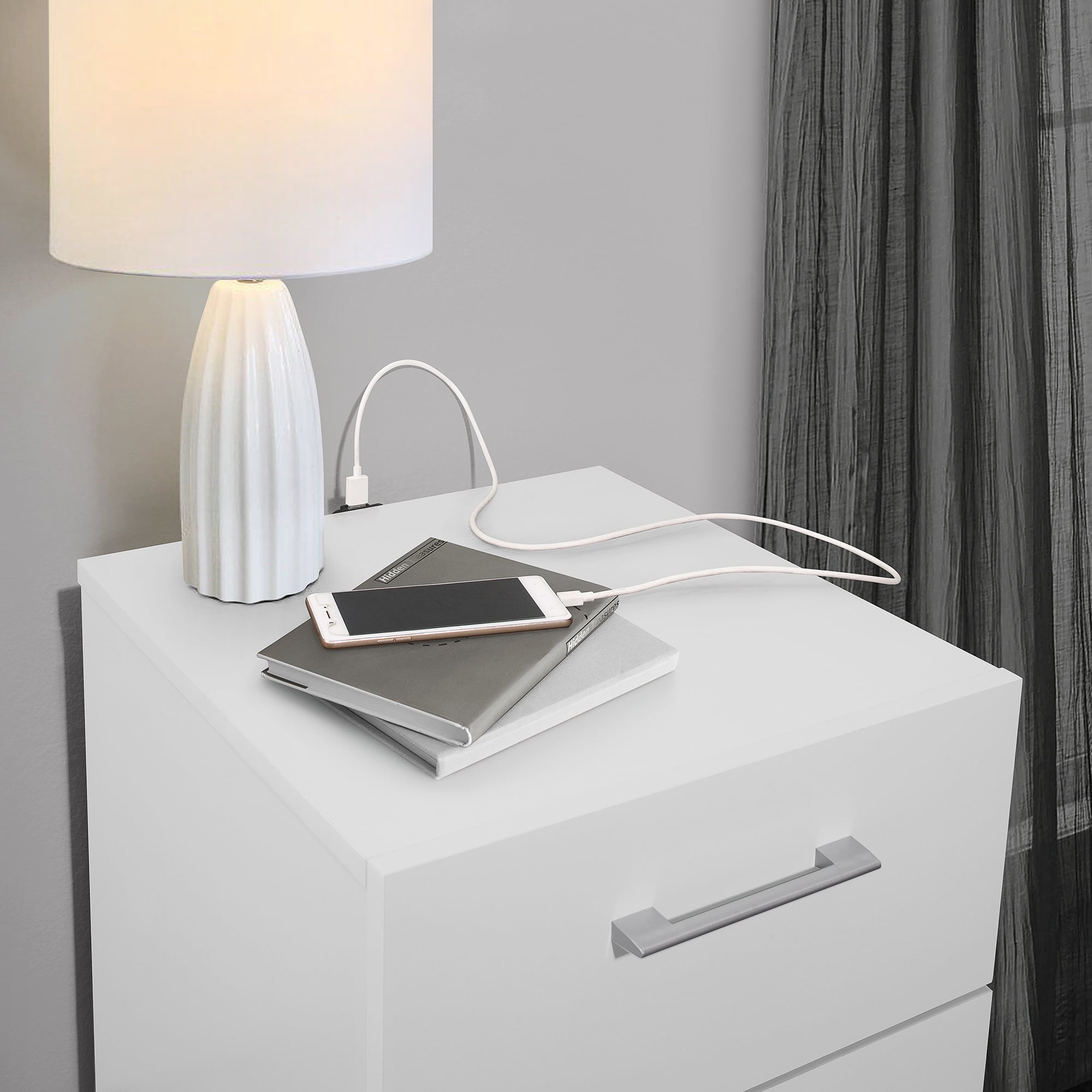 Lundy Low Profile Nightstand with USB, White, by Hillsdale Living Essentials