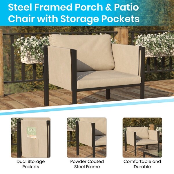 Steel Frame Patio Chair with Included Cushions and Storage Pockets