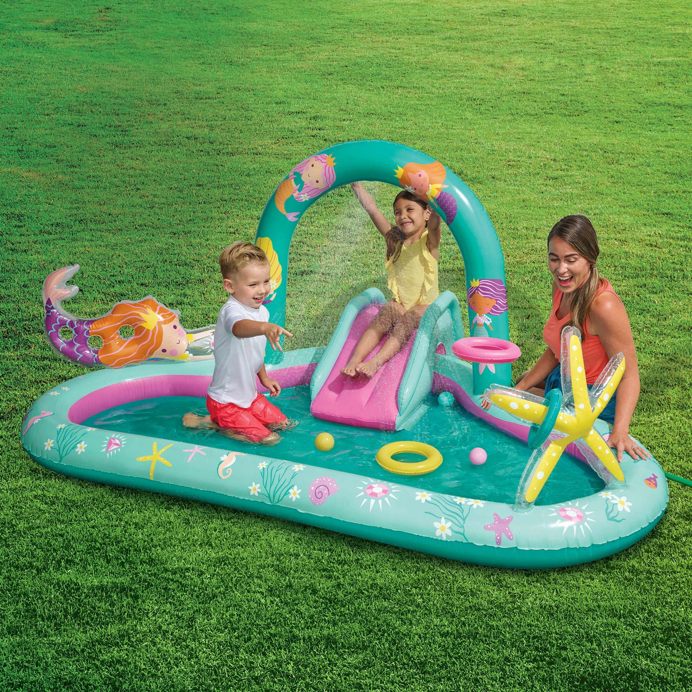 Bluescape Mermaid Inflatable Play Center, Kids Splash Pool with Sprinkler, Toys & Slide,  Age 2 & up, Unisex