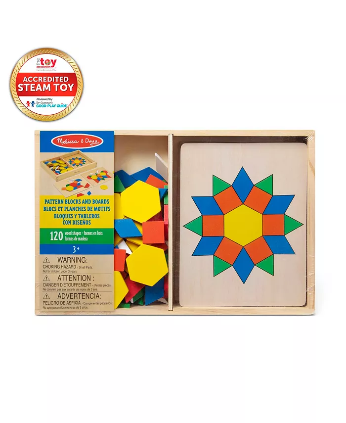 Melissa and Doug Melissa and Doug Pattern Blocks and Boards - Classic Toy With 120 Solid Wood Shapes and 5 Double-Sided Panels  Multi-Colored Animals Puzzle